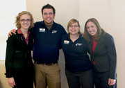 Passing the torch Winning presidential/vice presidential team Whitney Philippi (far left) and Amy Billinger (far right) celebrate with current president and vice president Vince Bowhay (middle left) and Lacey Keller (middle right) following their close 40-vote win against opposing team Patrick Muenks and Billie Jean Bergmann.
