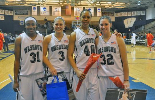 Four Lady Blues were honored on Senior Night 2010 after Saturday nights game Rose Hammond, Brette Ulsaker, Dayna Rodriguez and Amanda Fessenden. The Blues won 80-45 against Pittsburg State.

