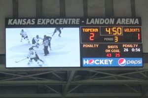 What’s the score The Topeka RoadRunners battle the Wichita Falls in a recent home game at Landon Arena of the Kansas Expocentre. Upgrades have given the arena new scoreboards with video capabilities, which will give the arena more marketability for potential events in the coming future. 