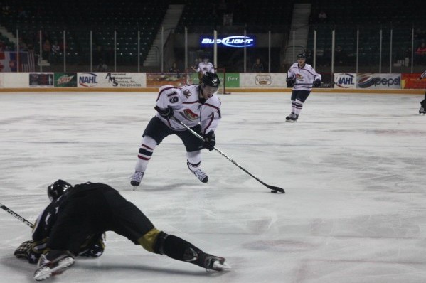 Forward Sean Gaffney fires a shot on goal during Fridays game versus the Texas Tornado. Despite a goal from Gaffney late, Texas scored with just 11 seconds left in the contest to win 2-1.

