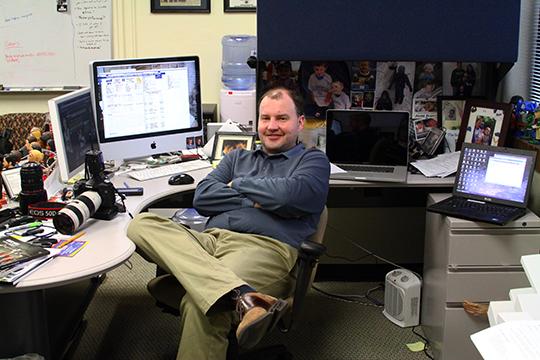 Most people probably don't know where the sports information is, but Gene Cassell spends much of his time in that back room in Whiting Field House. Cassell spends hours upon hours updating Washburn's athletic website, wusports.com, with little notoriety from fans. 
