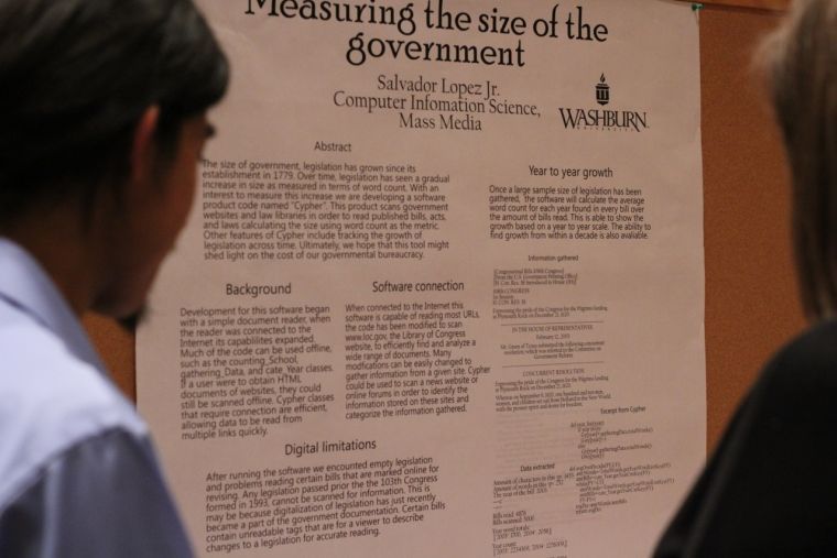 Apeiron participant Salvador Lopez looks at his poster while explaining his research Measuring the Size of the Government to members of faculty and the public Friday, April 18.
