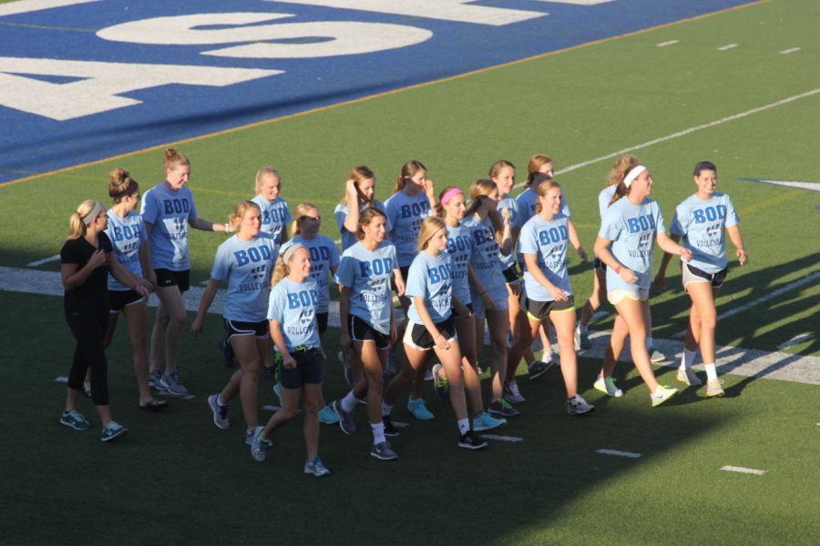 Washburn’s soccer team comes onto the field after being introduced during Traditions Night. All Ichabods can join Washburn athletics for the first home sporting contest Thursday, Sept. 4 when the Ichabod football team takes on Lindenwood University.