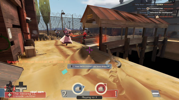 A cloaked BLU Spy waits for his moment to strike as a BLU Soldier dukes it out with a RED Soldier/Medic combo. This battle took place on a map known as 2fort in the Capture the Flag game mode.