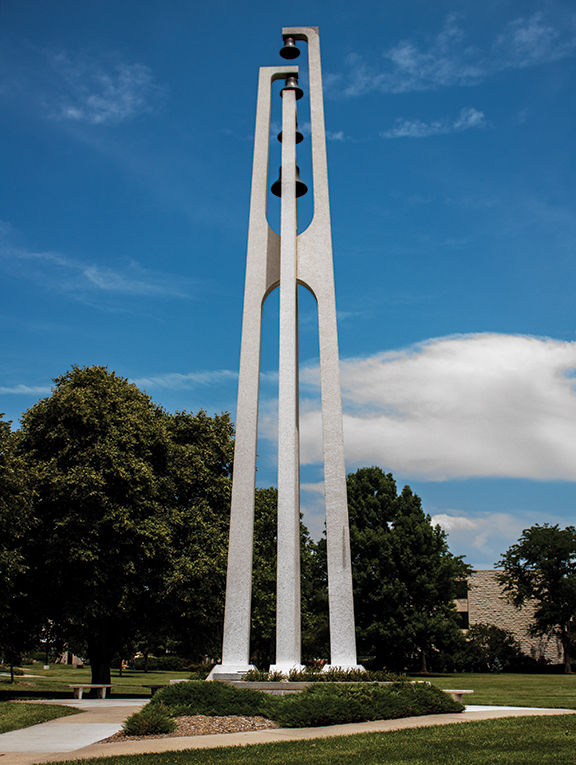 150 Years and Counting: The Kuehne Bell Tower, named for donors Fred and Julia Kuehne, was dedicated in 1971 and features a set of bells that hung in the Thomas Gymnasium clock tower, which was destroyed in the tornado of 1966. Since its construction, the bell tower has become a symbol of Ichabod pride.