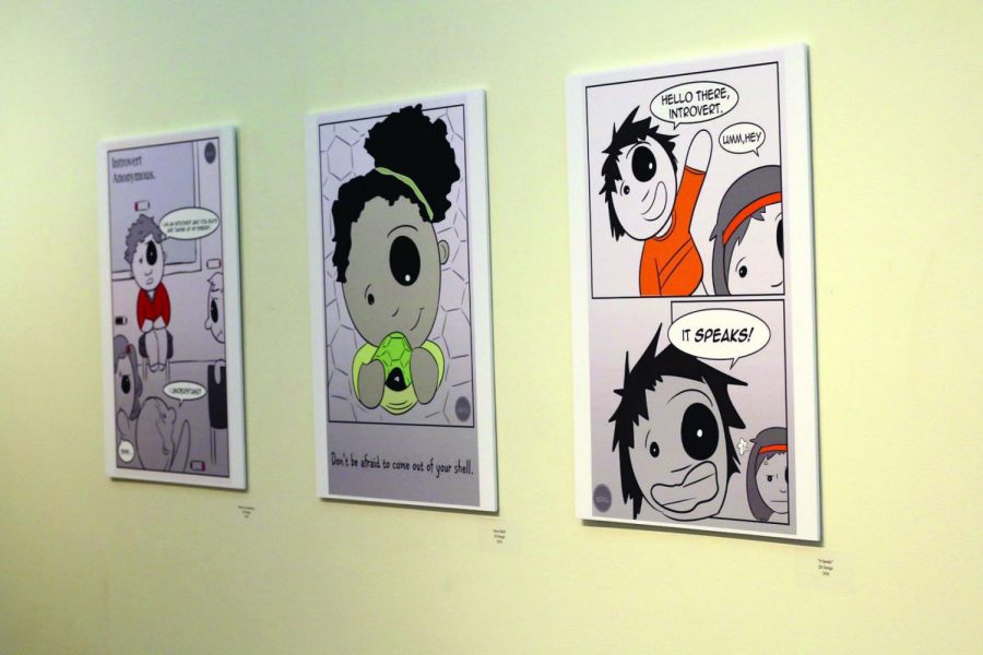 From left to right comic strips Introvert Anonymous, Out of Shell and It Speaks in 2D Design. All pieces were made in 2016.