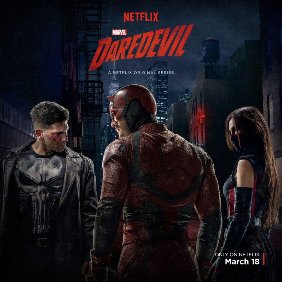 (Left to right) The Punisher, Daredevil and Elektra cooking up disaster in Hells Kitchen. This is the first time all three characters have appeared in the same live action adaptation. 