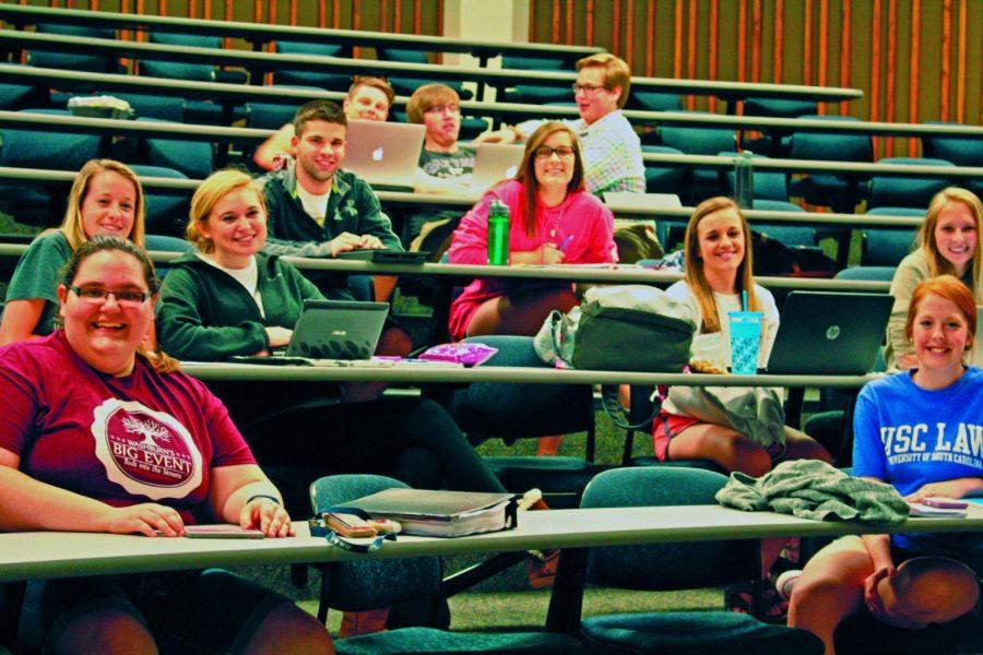 Pathophysiology students sitting, ready for the lecture to begin. Many of these students were recently accepted into the school of nursing for the fall and will be the last to take this course prior to entering the program.