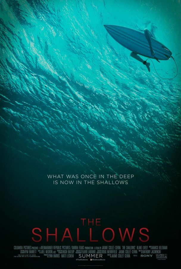 Sea-riously+Scary%3A+The+movie+poster+for+The+Shallows+is+a+visual+reference+to+that+of+the+1975+classic+Jaws%2C+in+that+it+depicts+a+shark+below+an+unsuspecting+victim.+During+a+recent+press+junket%2C+Blake+Lively+revealed+that+she+has+never+actually+seen+Jaws+due+to+a+childhood+fear+of+sharks.