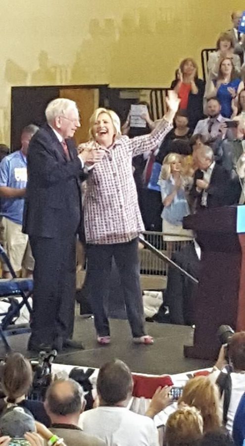 Democratic presidential nominee Hillary Clinton with Warren Buffett, who spoke at her rally in Omaha, Nebraska on August 1st, 2016.