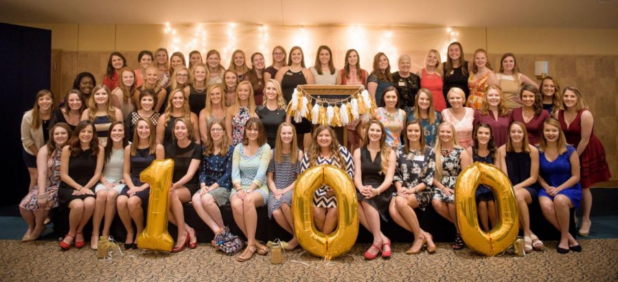 All Together: The Fall 2016 active members of Alpha Phi join together for a group photo at the centennial gathering. Their social dinner was attended by current members and alumnae alike, to help celebrate the sorority’s centennial.