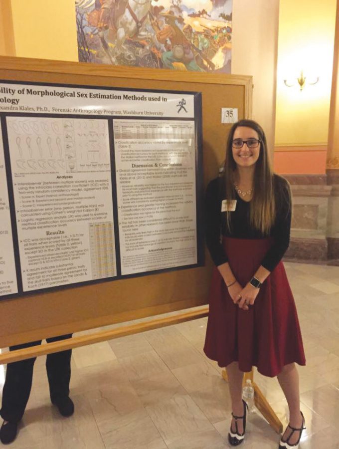 Forensic Anthropology: Mackenzie Walls standing next to her Apeiron presentation. Walls is presenting on the reliability of sex estimation from the human skeleton in forensic anthropology.