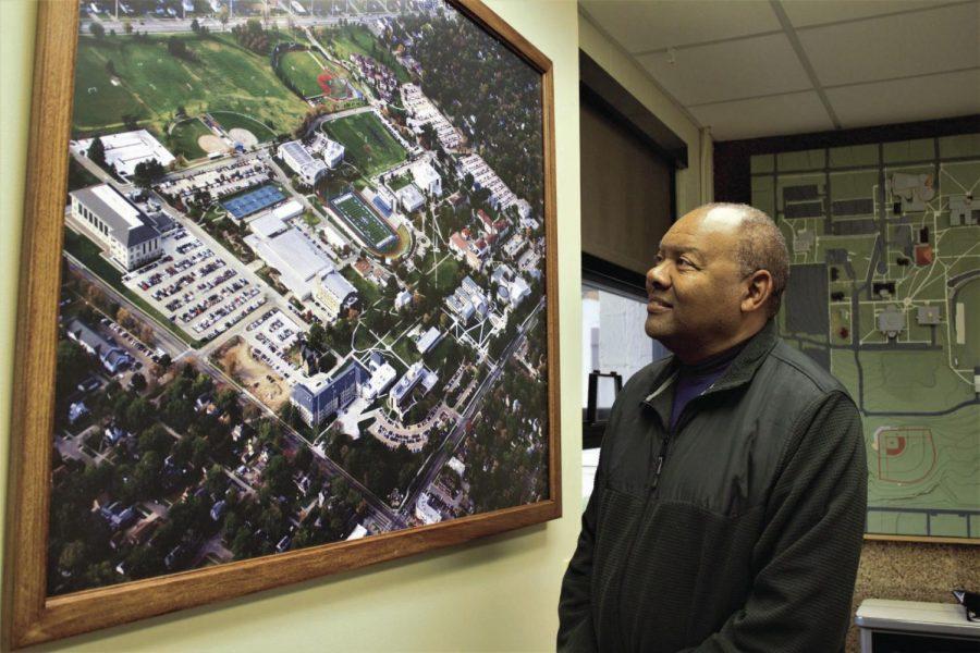 Lay of the Land: Eric Moss looks at a map of the campus. Moss has to be familiar with the lay of Washburn’s land as the assistant director of Facility services