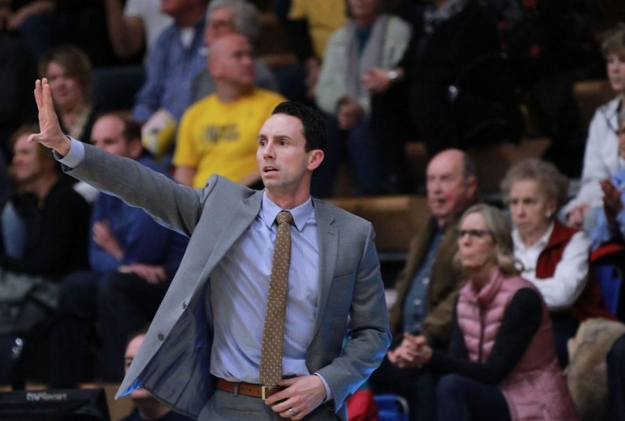 Brett Ballard instructs his team from the sidelines as they face Missouri Western State University Wednesday, Feb. 7 at Lee Arena.