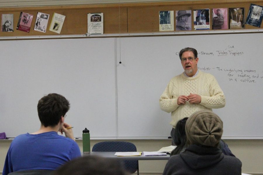 It’s all French to me: David Weed teaches his EN 301 Literary Criticism and Theory class over Claude-Levi Strauss’ “Triste Tropiques.” The book is a revolutionary part of the Structuralist movement of the 1950s. 