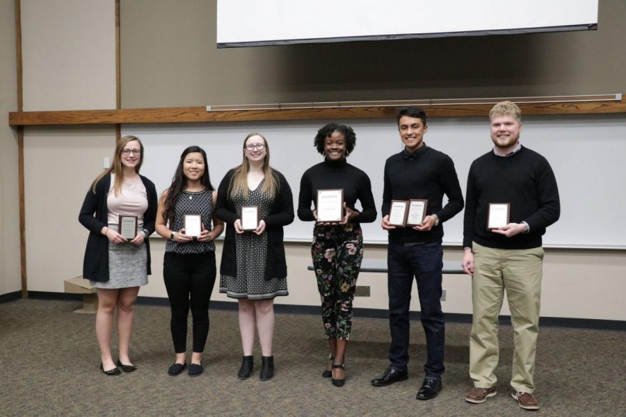 Final six: (From left to right) The finalists for the Fall 2018 Nall Speak Off Competition include Gabrielle Eitutis, Courtney Diec, Julia Kofoid, Amira Linson, Omar Morales and Jacob Andrews. Amira Linson won first place at the competition. 