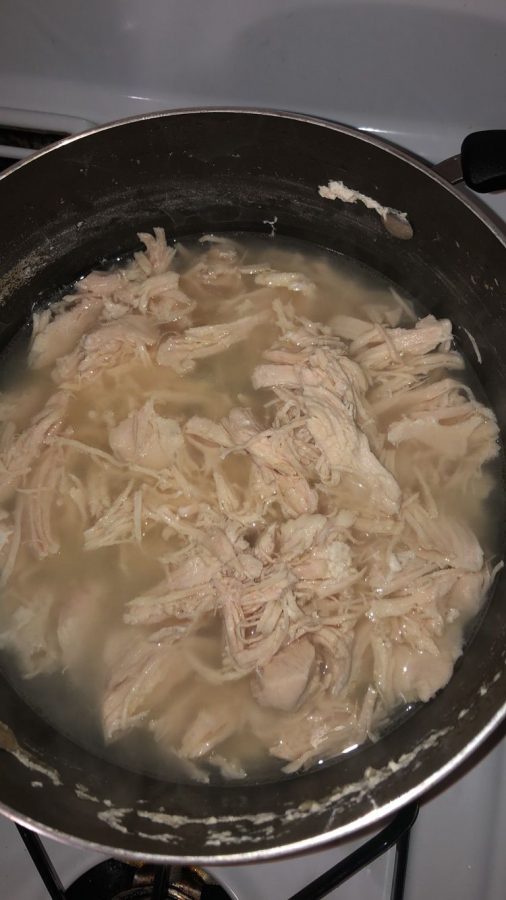 Start by boiling your chicken on high for 35 minutes (or until fully boiled)You will know that your chicken is ready to shred when you can peel it easily part using tongs while still in the pot. Continue to shred all of the chicken.Leave it boil until the water is completely gone then add a desired amount of coconut oil or vegetable oil.