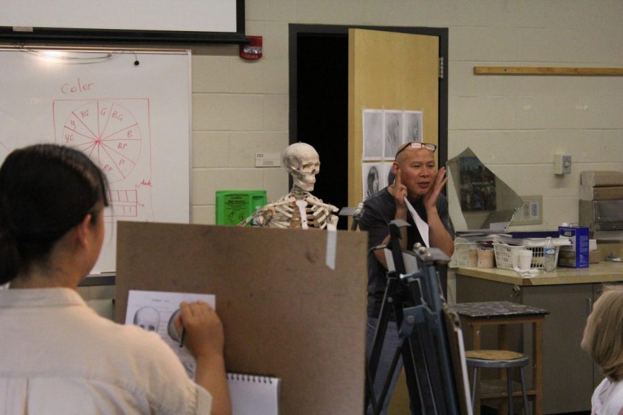 Know your subject: Professor Wang holds both hands against his face to bring attention to bone structure. Wang took time to describe each part of the skull to his students before they began their sketches.