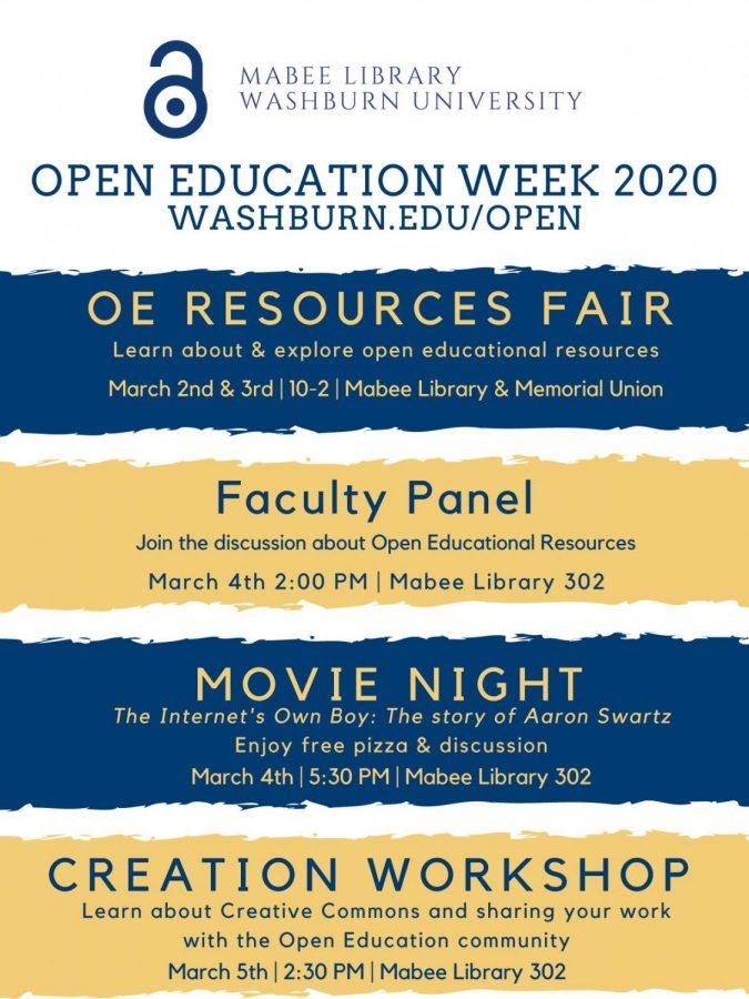 Weekly Schedule: This has all the events for open education week. This is the fourth year Open Educational Resources has been modified to fit into Washburn University's community.