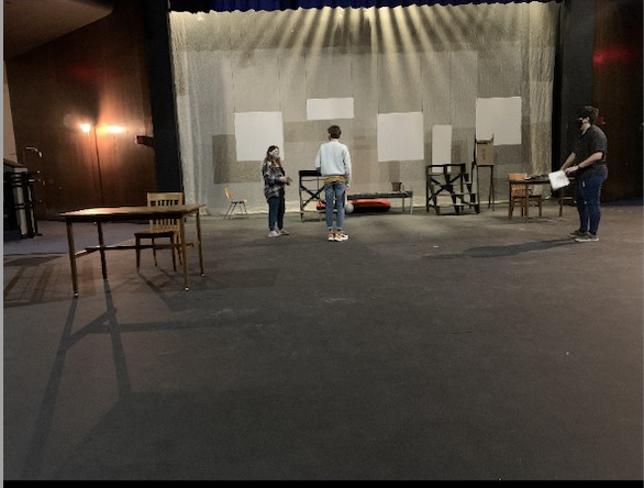 Practice makes perfect: Actors Taylor Mort and Joseph Coddington rehearsing with Bella Martinez-Haskins, the director. The actors have taken great precautions to stay safe during COVID.