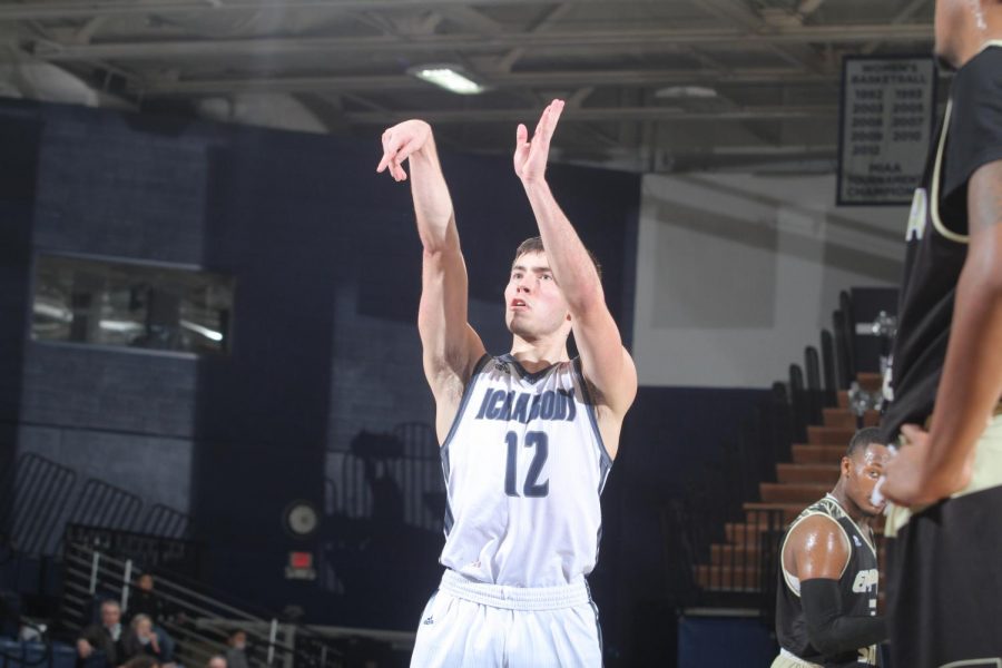 Take the shot: Senior guard Tyler Geiman takes a free throw in the Ichabods victory over Emporia State University.
