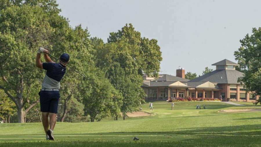 Fairway focused: Cameron Riley hits off the tee Monday, Sept. 13, 2021 at Topeka Country Club in Topeka, KS.