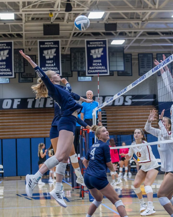 Love this game: Kelsey Gordon spiking the ball across the net. Gordon had a total of 9.5 points during Saturday’s afternoon game.