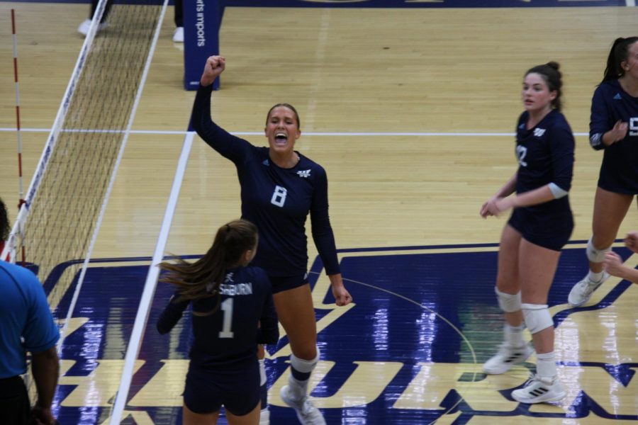 Big play: Senior middle hitter Allison Maxwell celebrates after the team wins a point on Oct. 1, 2021. Maxwell finished the match with 8 kills.