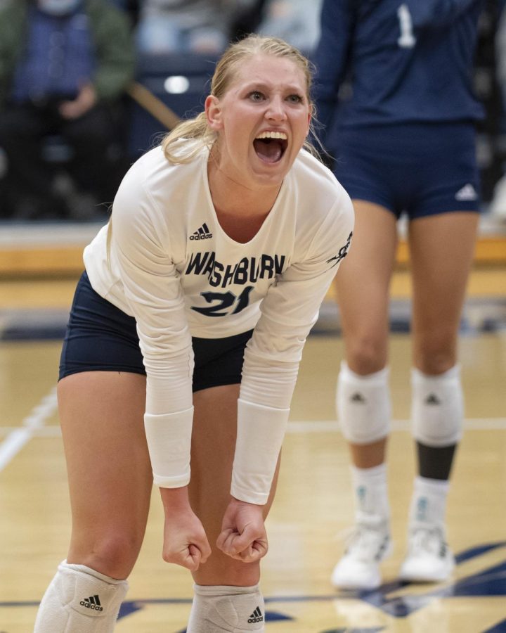 High energy: Washburn libero Faith Rottinghaus celebrates after scoring a point Thursday, Oct. 21, 2021, at Lee Arena in Topeka, Kansas. Rottinghaus finished the match with 31 digs.