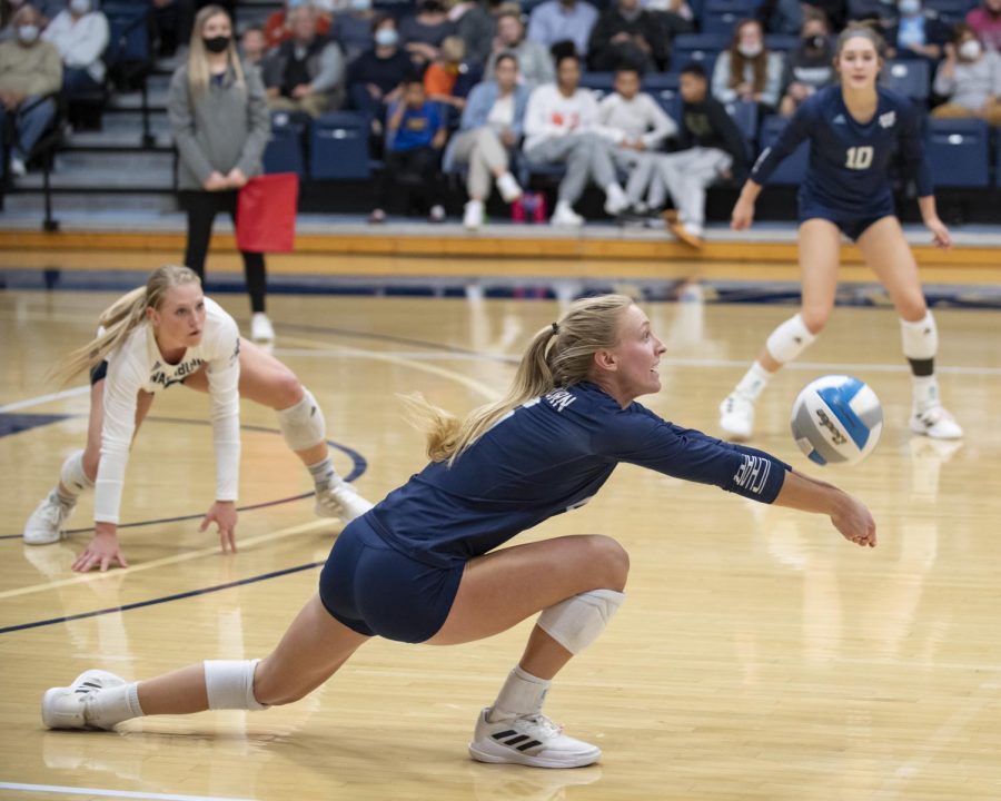 Down low: Washburn outside hitter Taylor Antonowich (6) performs a dig Thursday, Oct. 21, 2021, at Lee Arena in Topeka, Kan. Antonowich made 12 digs in the match.