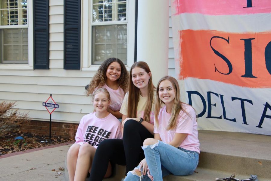 Hanging out: Delta Gamma members hang around at the start of the block party on Wednesday, Oct. 6, 2021. The block party was a way to raise money for Delta Gammas philanthropy, Service for Sight.
