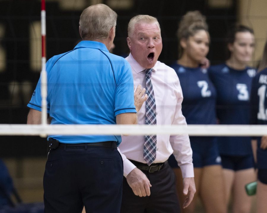 You got it wrong: Washburn head coach Chris Herron argues with an official Thursday, Oct. 21, 2021, at Lee Arena in Topeka, Kansas. The Ichabods lost the match against Central Missouri 3-1.