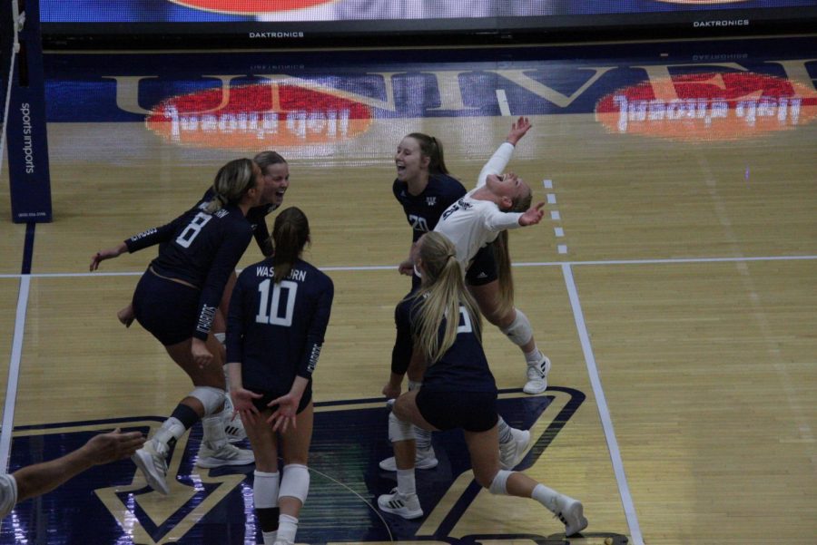 Big point: The team comes together to celebrate after winning a point in the third set. The Ichabods defeated Missouri Southern 3-1 on Oct. 8, 2021.