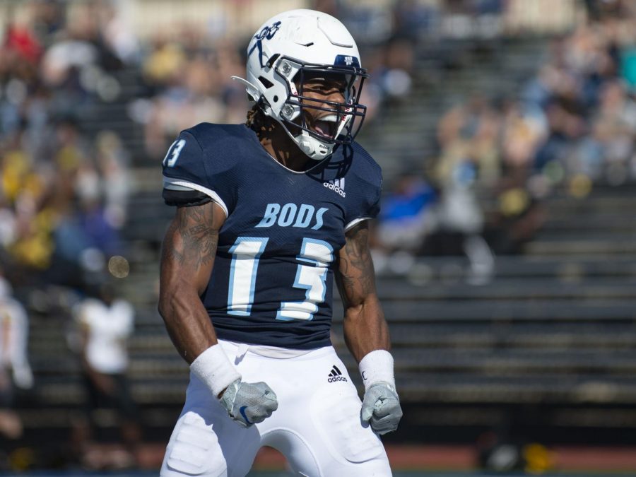 Show out: Washburn University wide receiver James Letcher, Jr. (13) celebrates on Saturday, Sept. 25, 2021, in Topeka, Kan. Letcher finished with 113 yards receiving in the game.