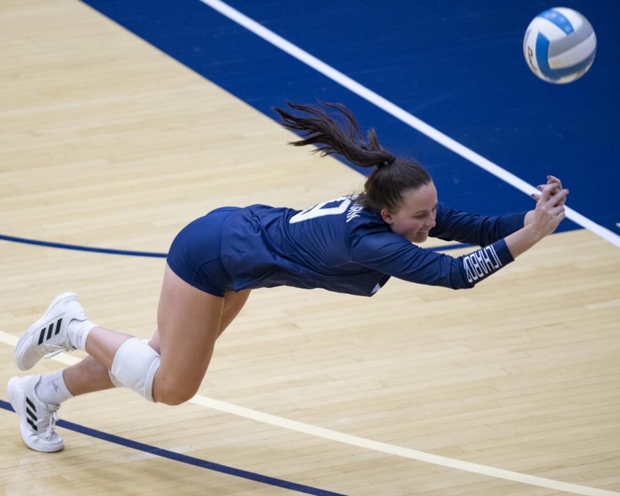 All out: Washburn Chloe Paschal (9) bumps the ball Thursday, Oct. 21, 2021, at Lee Arena in Topeka, Kan. Paschal recorded four digs in the Ichabods loss to Central Missouri.