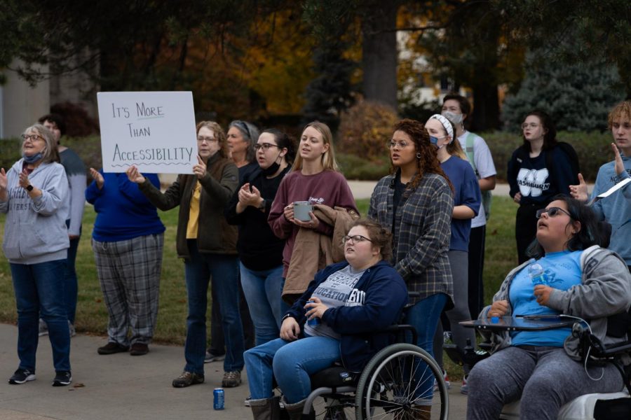 Attendees of the March on Inclusion make their voices heard in front of Mabee Library. Students show their support at the March on Inclusion. The march took place on Wednesday, Nov. 10, 2021 at Washburn Universitys campus.