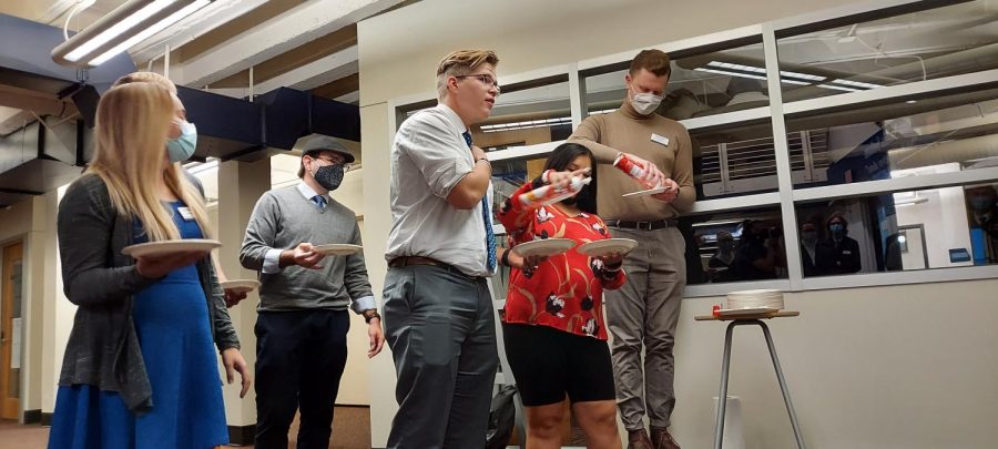 Locked and Loaded: WSGA members prepare President Trautman's whip-cream demise. The celebratory pieing of WSGA President Abby Trautman and Advisor Isiah Collier followed this week's meeting on Wednesday, Nov. 3, 2021.