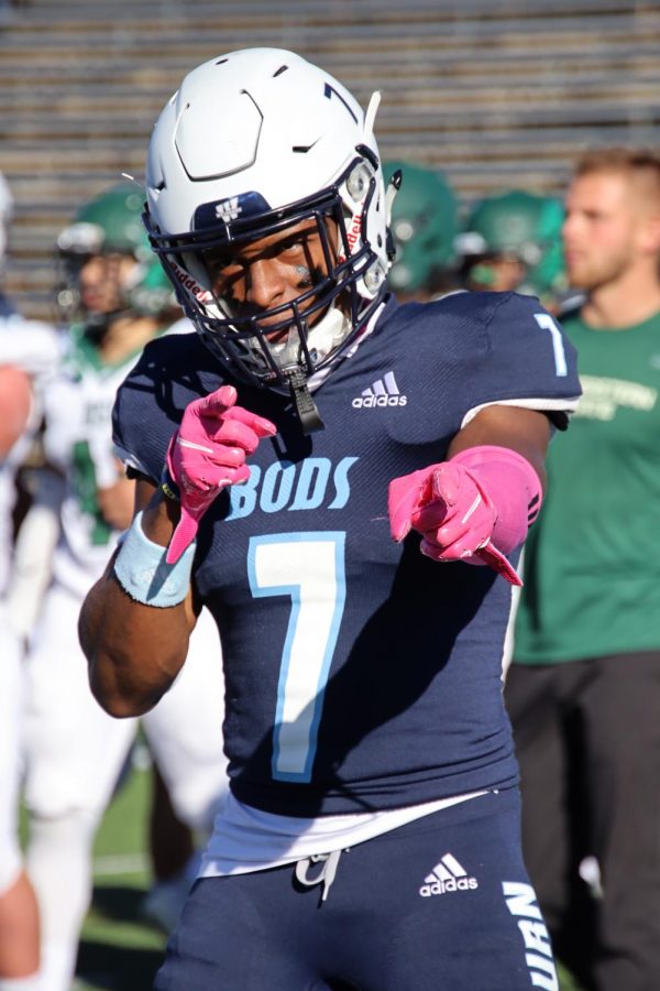 Always ready: Washburn right cornerback Yakini Kashimura makes a pose on Oct. 30, 2021. The Ichabods defeated Northeastern State 35-0 in the game.