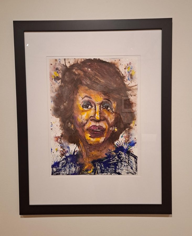 A portrait displays a woman who inspired John Sebelius for his Powerful Women series. The piece was displayed among other artists' work at the Mulvane Art Museum on Nov. 5, 2021.