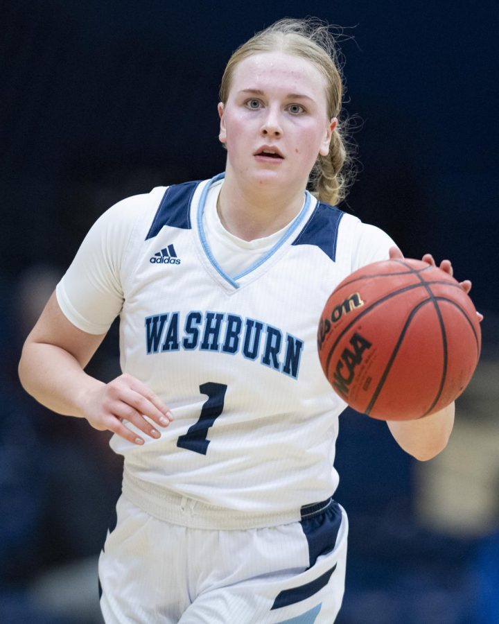 Washburn guard Mackenzie Gamble dribbles down the court Wednesday, Nov. 17, 2021, at Lee Arena in Topeka, Kansas. Gamble recorded two assists in the game.