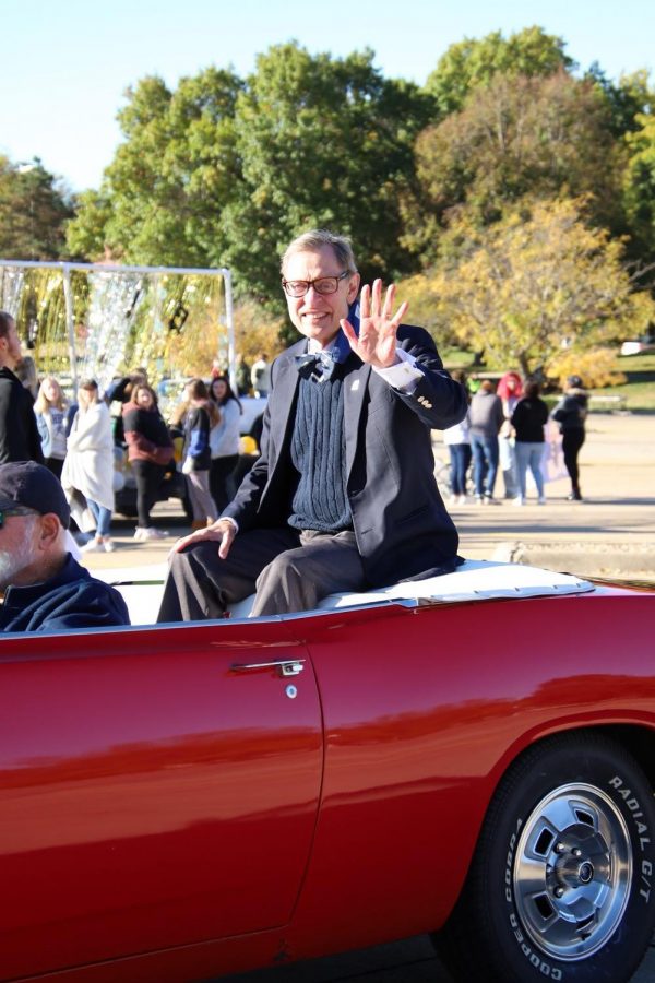 Early Rider: Dr. Farley leads the homecoming parade. Homecoming weekend ended with a parade before the tailgating festivities and the football game on Oct. 30, 2021.