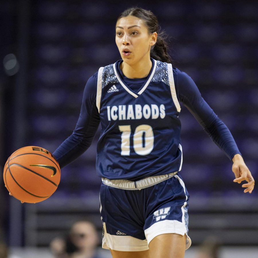Court general: Washburn guard Shae Sanchez brings the ball up court Sunday, Oct. 31, 2021, at Bramlage Coliseum in Manhattan, Kan. Sanchez finished the game with six points and five rebounds.