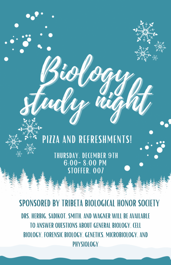 On Thursday, Dec. 9, Tri-Beta Biological Honor Society will be hosting a study night for all biology students in Stoffer Hall 007 from 6 p.m. to 8 p.m.