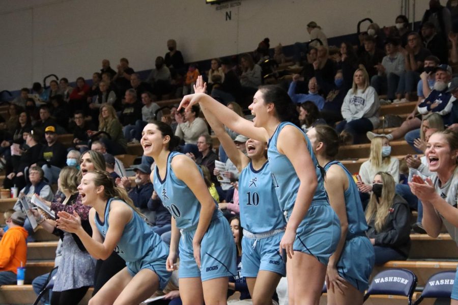 Washburns bench celebrates after scoring in the third quarter Jan. 22, 2022. The Ichabods defeated Emporia State 72-67 in the game.