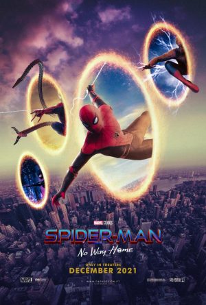 Multiple Spider-Mans emerge from portals in this poster for Spider-Man: No Way Home. The movie was theatrically released on Dec. 17, 2021.