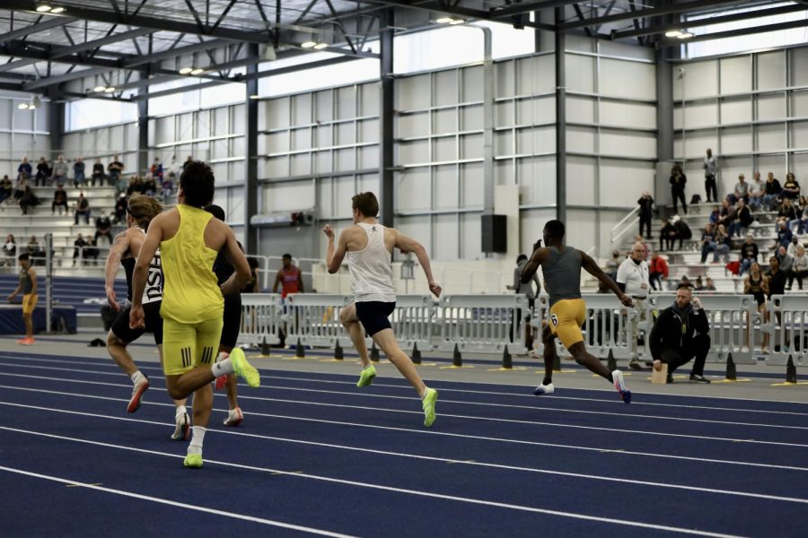 Washburn athlete starts 60m on Jan 22, 2022, Topeka, Kan.