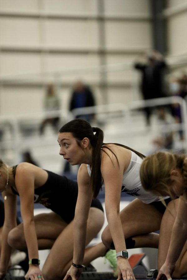 Washburn athlete looks forward and readies to the race on Jan 22, 2022, Topeka, Kan.