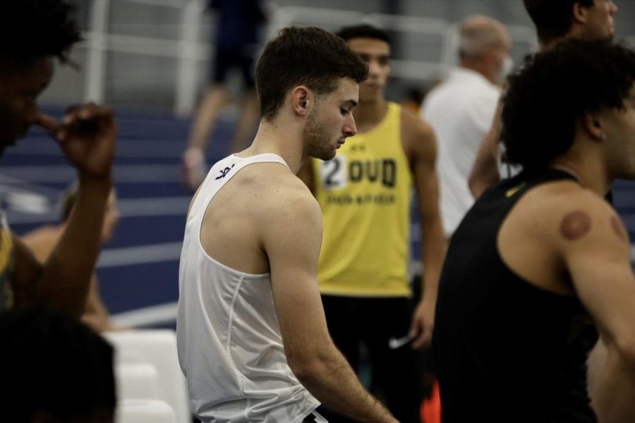 Washburn athlete readies for the 60m hurdle on Jan 22, 2022, Topeka, Kan.