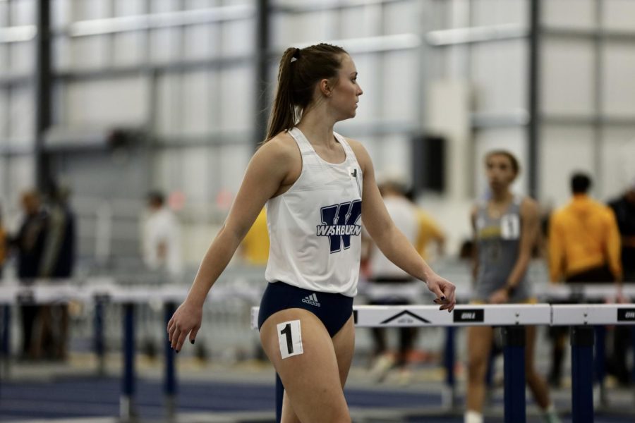 Washburn athlete participates 60m hurdle on Jan 22, 2022, Topeka, Kan.