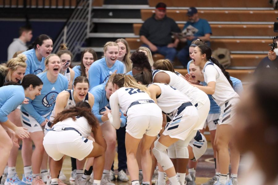 Washburn huddles together before the game begins Feb. 24, 2022. Washburn fell to Missouri Southern 55-50 in the game.